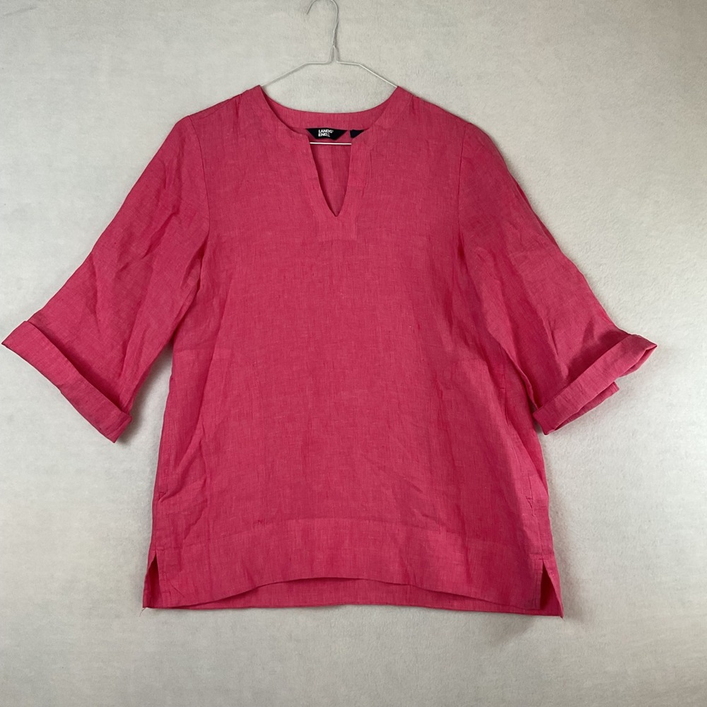 Lands End Womens Pink 100% Linen Split Neck Tunic Top 3/4 Sleeve Small 6-8